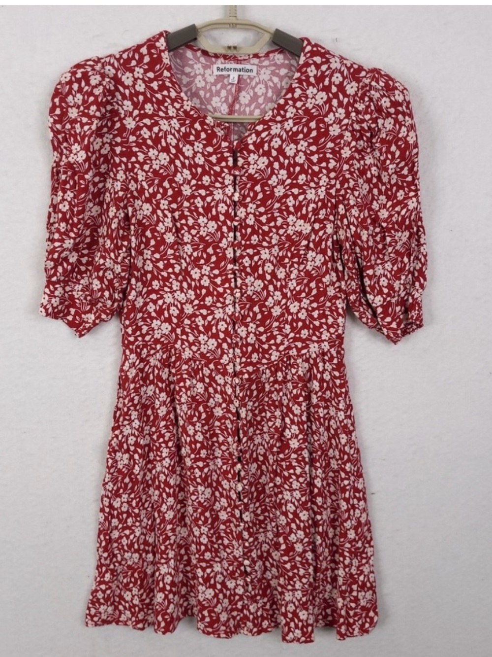 Reformation Red and White Floral Button-Front Mini Dress